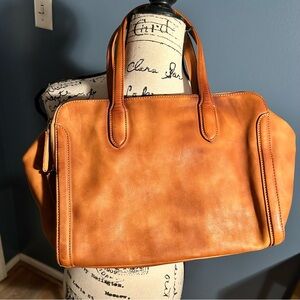 Old Trend Cognac Leather Satchel w/Pinstripe Interior.
